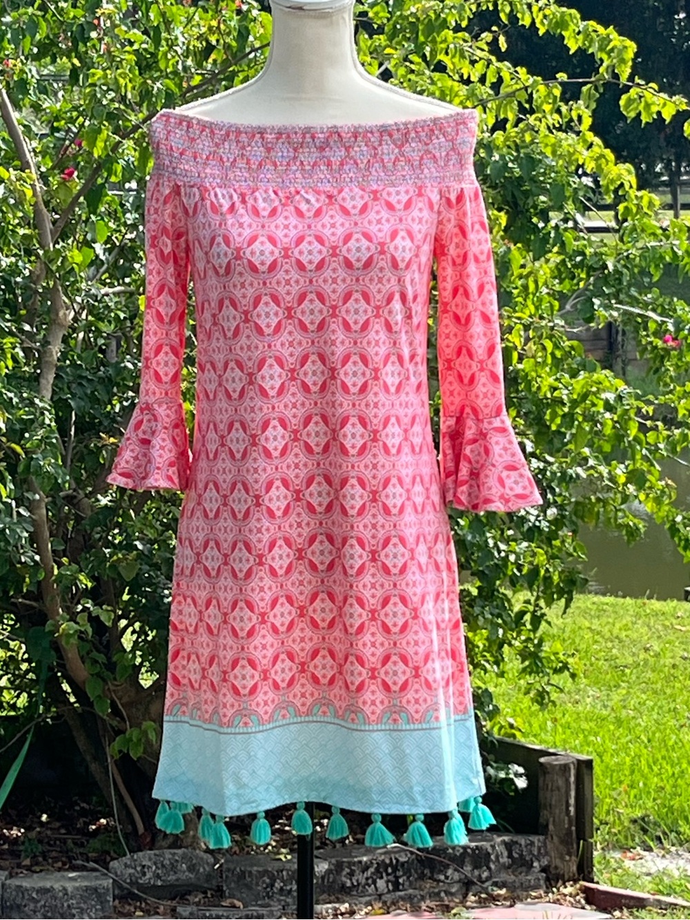 Cabana Life NWT Coral Tides Coverluxe Smocked Dress-  tassel dress UV Protection